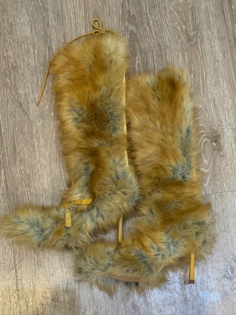 Faux Fur Knee-High Heeled Boots in Mustard Yellow